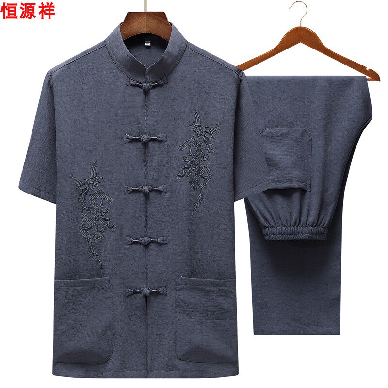 中老年人爷爷唐装棉麻套装男士短袖衬衫中式刺绣爸爸晨练服汉服薄