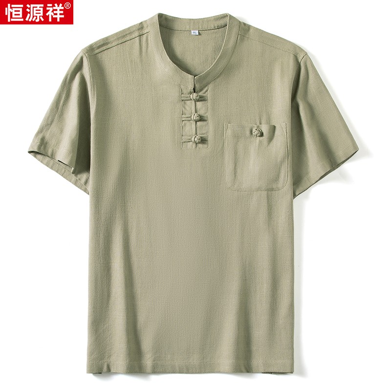 恒源祥夏季亚麻男装短袖t恤中国风棉麻体恤中老年爸爸父亲节衣服