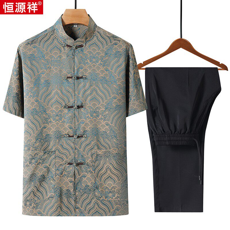 恒源祥唐装男款夏季短袖衬衫套装中老年人爸爸中国风薄款棉麻上衣