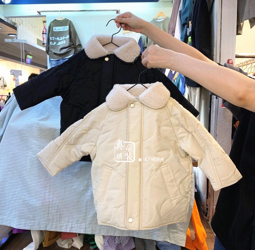 现货韩国进口童装冬装新男童女童中长款棉袄中大童棉服k001n