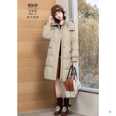 25秋冬羽绒服以旧翻新定制订做加厚加绒插肩袖活帽中长女装hs9019