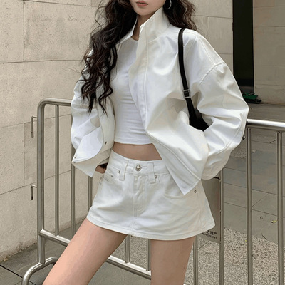 气质白色立领长袖风衣外套女秋季宽松美式棒球服休闲夹克拉链上衣