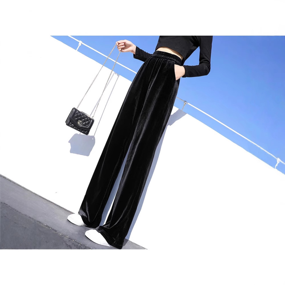 金丝绒窄版阔腿裤女春秋高腰宽松加绒加厚直筒黑色裤子休闲拖地裤