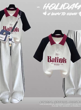 2026新款少女学院风套装夏季洋气初中生大童polo短袖运动裤两件套
