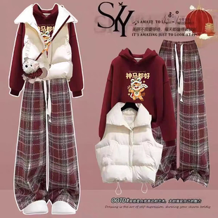 冬季大童女装12-15岁加绒卫衣三件套13初中学生14洋气过年套装16