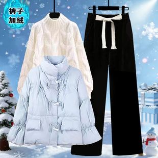阔腿裤 女大童洋气冬季 甜美棉服外套韩版 初中生2024新款 三件套 套装