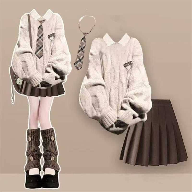 多巴胺女孩时尚套装初高中生学院风毛衣衬衫百褶裙春秋穿搭一整套