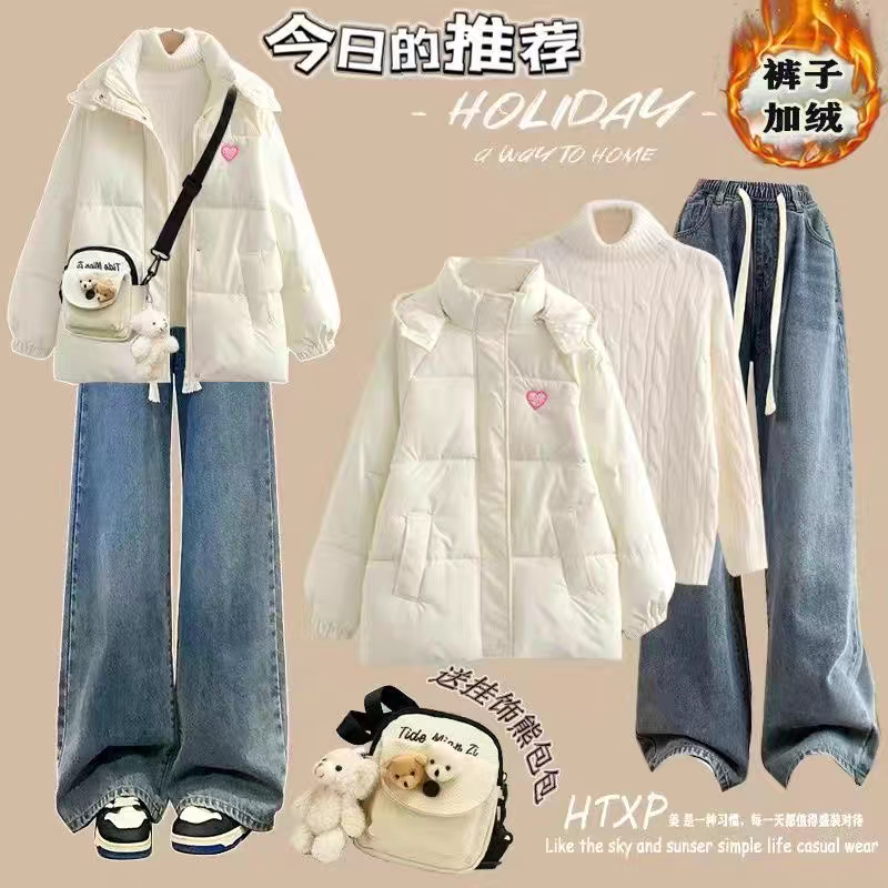 15少女秋冬棉服外套13岁针织毛衣高初中学生14-17牛仔裤三件套装