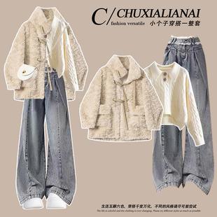 初中生时尚少女孩套装冬天甜美穿搭保暖棉服外套毛衣牛仔裤三件套