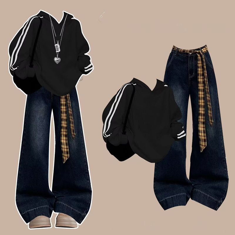 秋冬韩系穿搭连帽美式加绒卫衣女秋季2025爆款小个子宽松慵懒套装