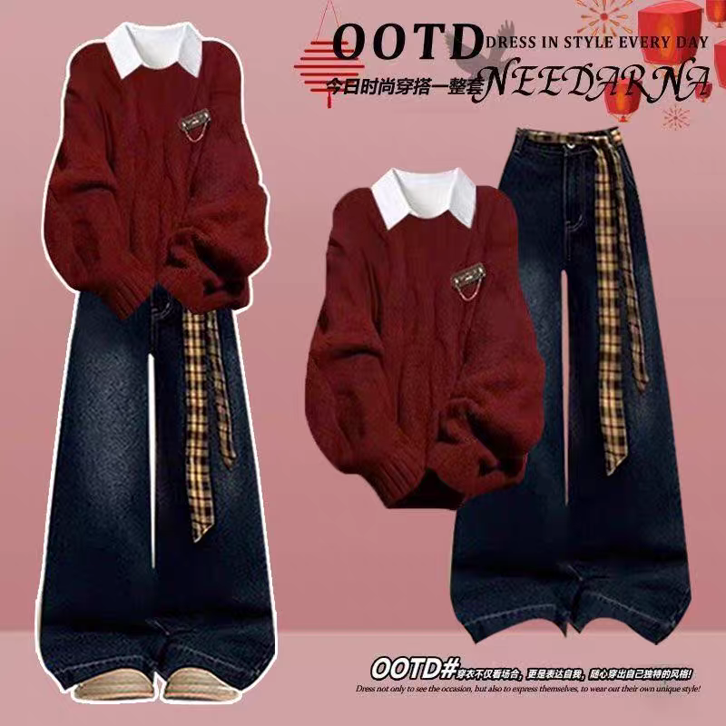 秋冬装搭配一整套女大童初中高中学生甜美红色毛衣衬衫牛仔裤套装,女装/女士精品,时尚套装,淘宝优惠券,粉丝福利购,淘宝优惠卷