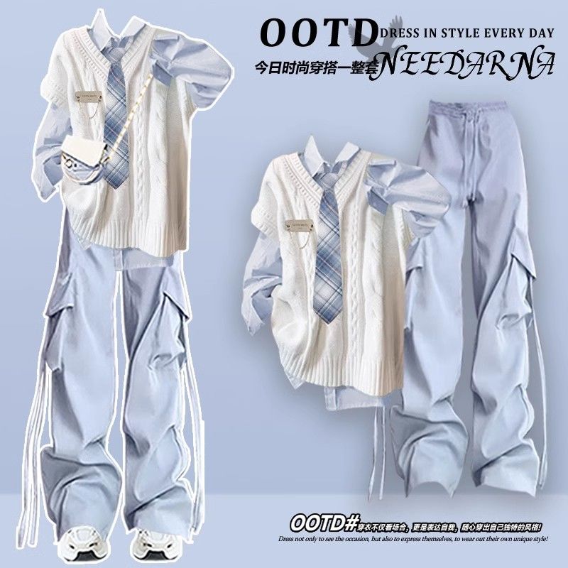 14岁初中生时尚女孩衬衫马甲套装15高中学生秋装13青少年三件套12