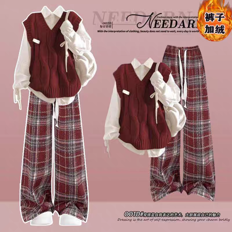 初中生时尚套装女2025新款女中学生马甲衬衫加绒格子裤百搭三件套