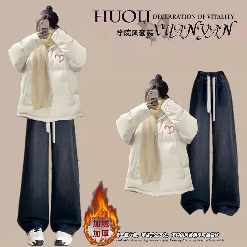 12少女冬装13初中学生加厚棉衣15岁大童外套16羽绒棉服牛仔裤套装