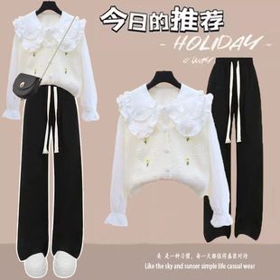 初中生时尚套装女2025新款少女学院风针织马甲娃娃领休闲裤三件套