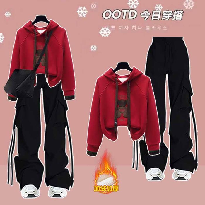 学院风秋冬套装女2025新年衣服女初中生加绒加厚连帽卫衣两件套装