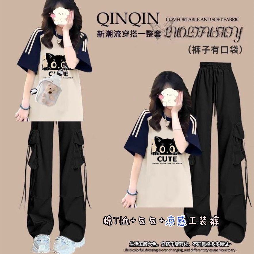 初中生夏季女12少女大童网红短袖15岁高中学生时尚女孩工装裤套装