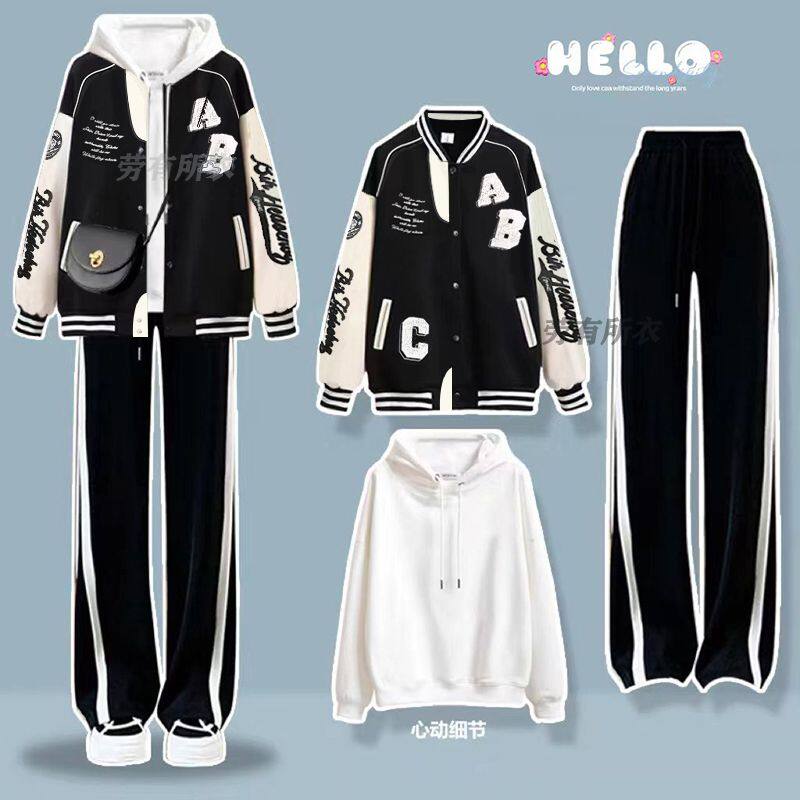 2024春秋季三件套女学生韩版宽松棒球服外套+卫衣+休闲裤学院风图片