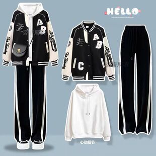 2024春秋季三件套女学生韩版宽松棒球服外套+卫衣+休闲裤学院风