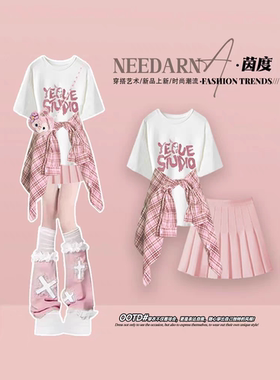 2025夏日韩系多巴胺学生穿搭格子衬衫女+短袖t恤+百褶短裙三件套