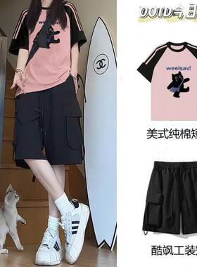 夏季女学生短袖工装短裤两件套