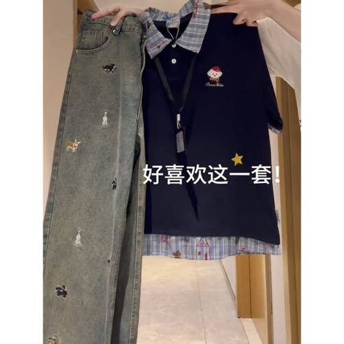2025新款少女学院风套装夏季盐系初中生大童polo短袖牛仔裤两件套