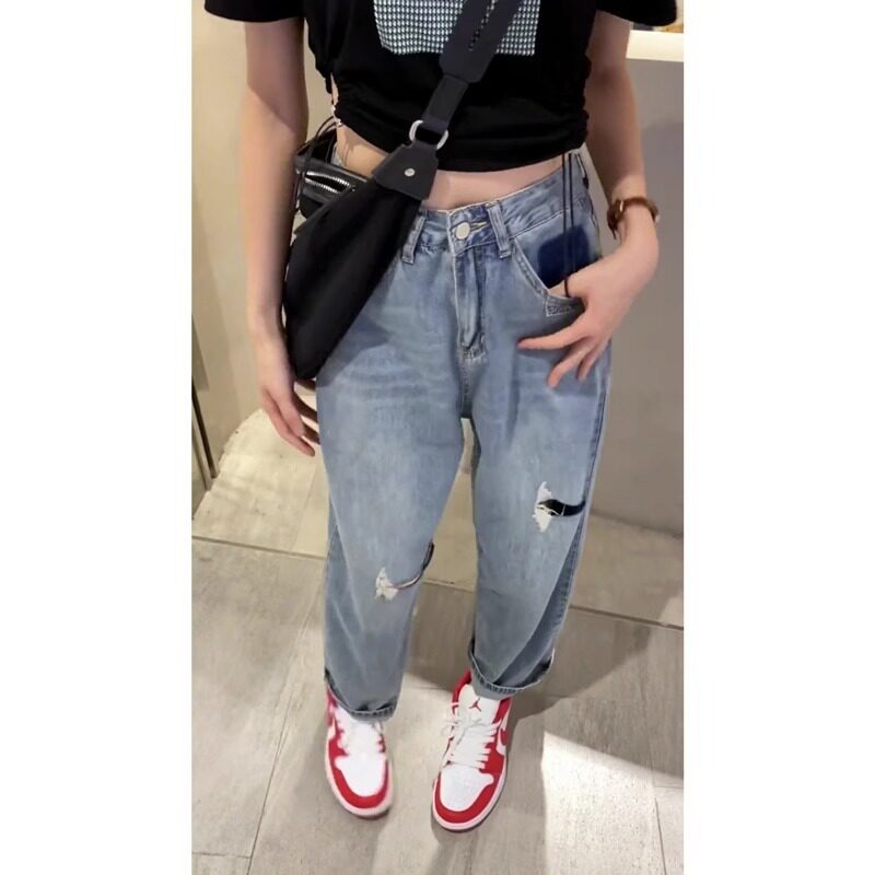 撞色破洞哈伦牛仔裤女大码胖妹妹宽松老爹裤冬季新款小个子九分裤