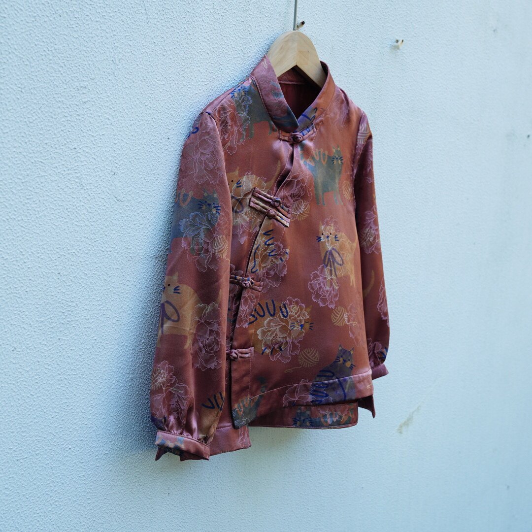 卓苗儿童真丝上衣女童100%桑蚕丝粉紫色猫咪印花香云纱国风衬衫