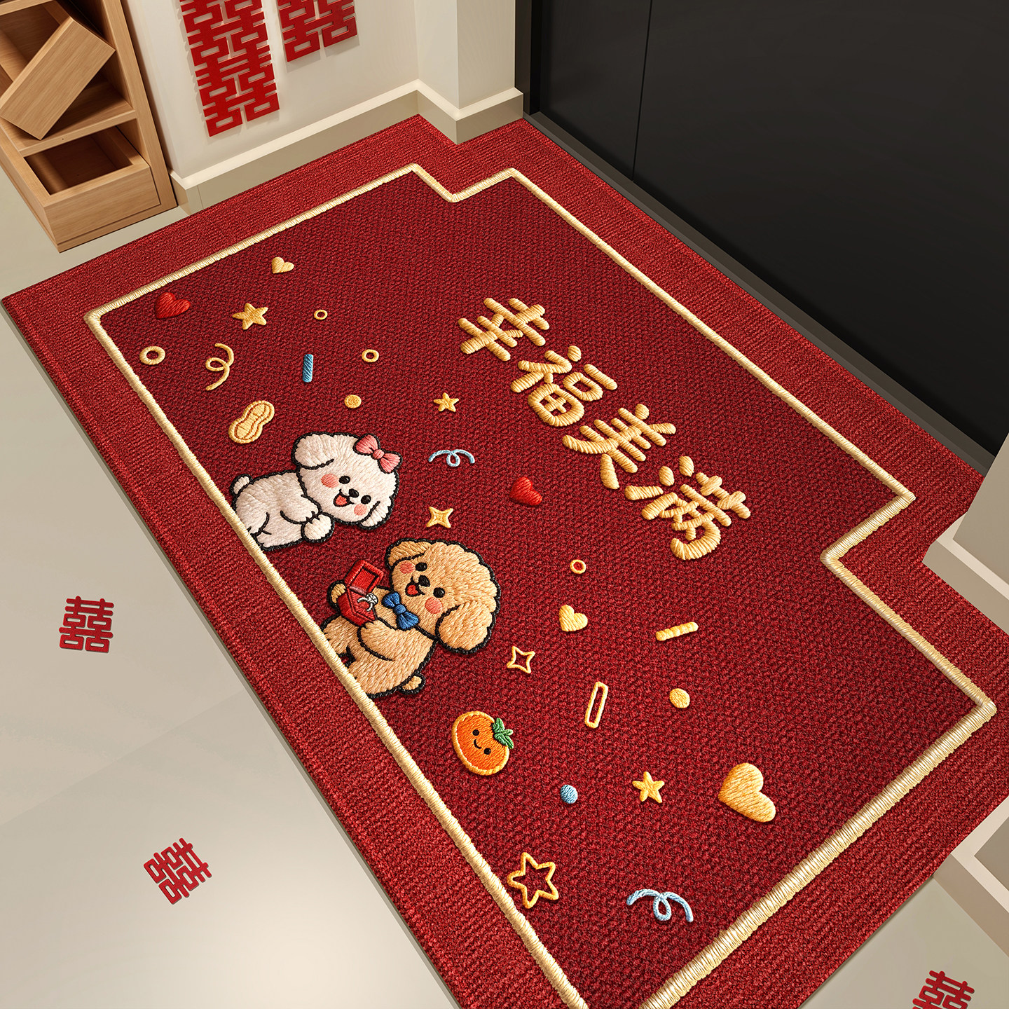 新款红色喜庆结婚入户门地垫高级门口地毯婚房进门脚垫可裁剪门垫