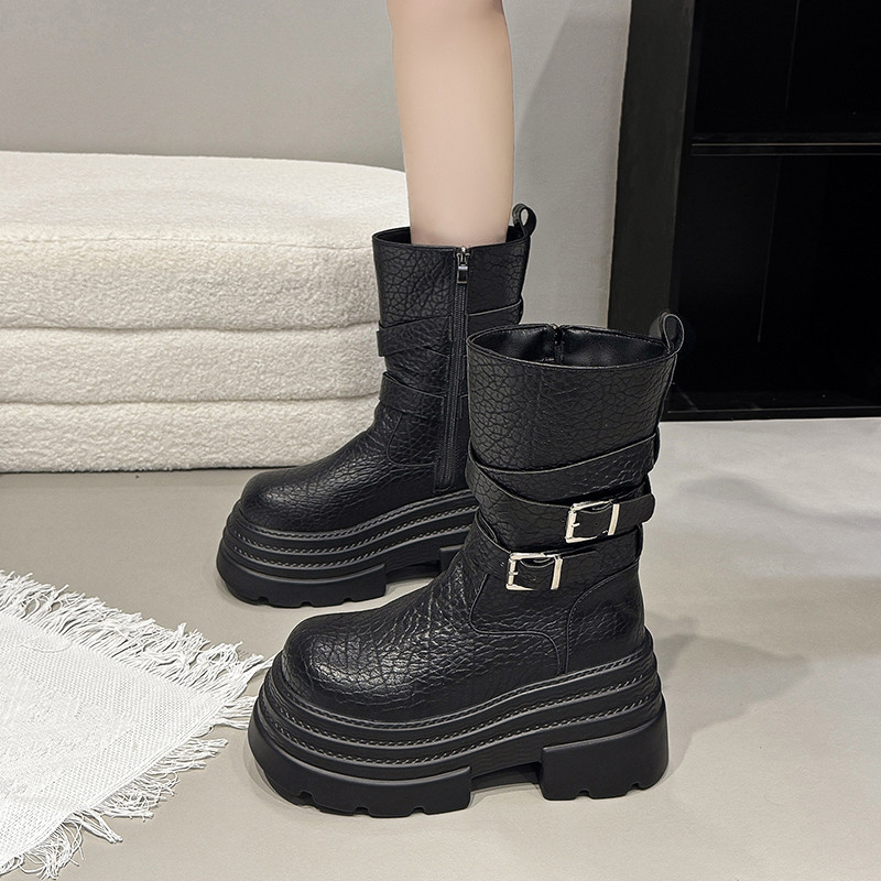 辣妹风ins潮酷9cm增高厚底松糕中筒靴女秋冬加绒保暖皮带扣马丁靴,女鞋,马丁靴,淘宝优惠券,粉丝福利购,淘宝优惠卷