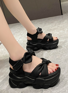 网红坡跟凉鞋女夏季蝴蝶结罗马鞋