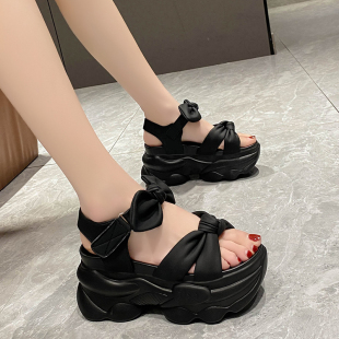 网红坡跟凉鞋女夏季蝴蝶结2025新款百搭小个子松糕厚底高跟罗马鞋