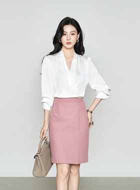 春季新款百搭纯色v领衬衫轻熟上衣OL职场通勤气质长袖套头衫女士