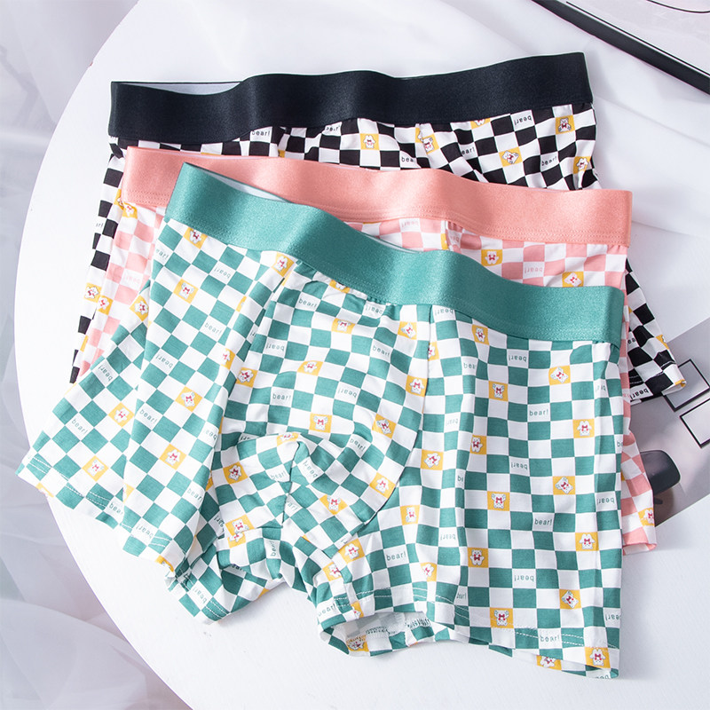 大码内裤男卡通个性撞色棋盘格莫代尔透气宽边平角中腰舒适200斤,女士内衣/男士内衣/家居服,男平角内裤,淘宝优惠券,粉丝福利购,淘宝优惠卷