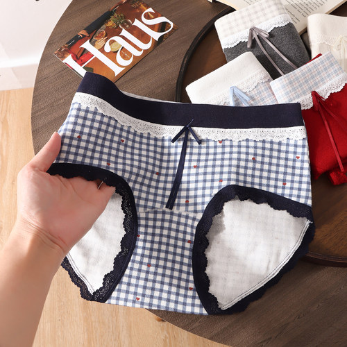 复古格子撞色少女中腰大码内裤女胖MM200斤A类婴儿纯棉加长档红色