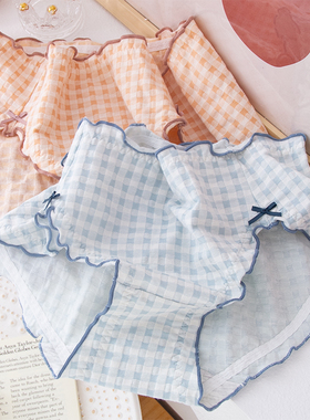 日系大码纯棉内裤女 中腰三角胖MM200斤格纹提花棉木耳边甜美少女