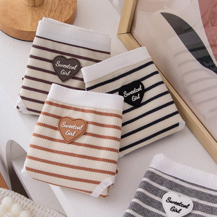 女 女中高腰纯棉日系爱心胖mm200斤抗菌三角短裤 复古条纹大码 内裤