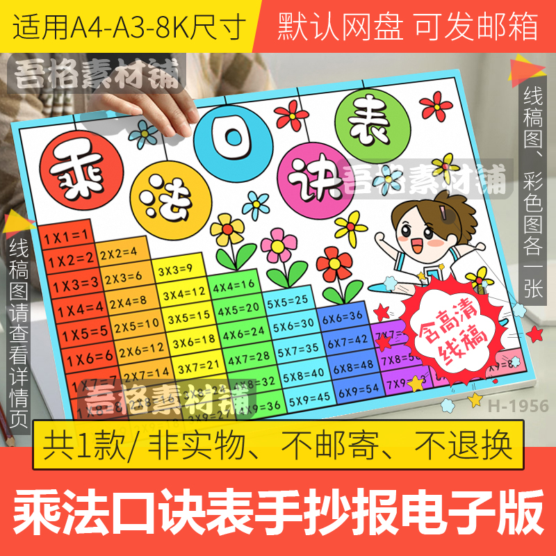 九九乘法口诀表手抄报模板电子版学生二年级数学手抄报线稿A3a48k