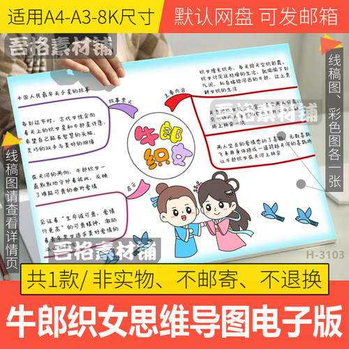 牛郎织女思维导图模板电子版中国民间故事手抄报半成品黑白线稿