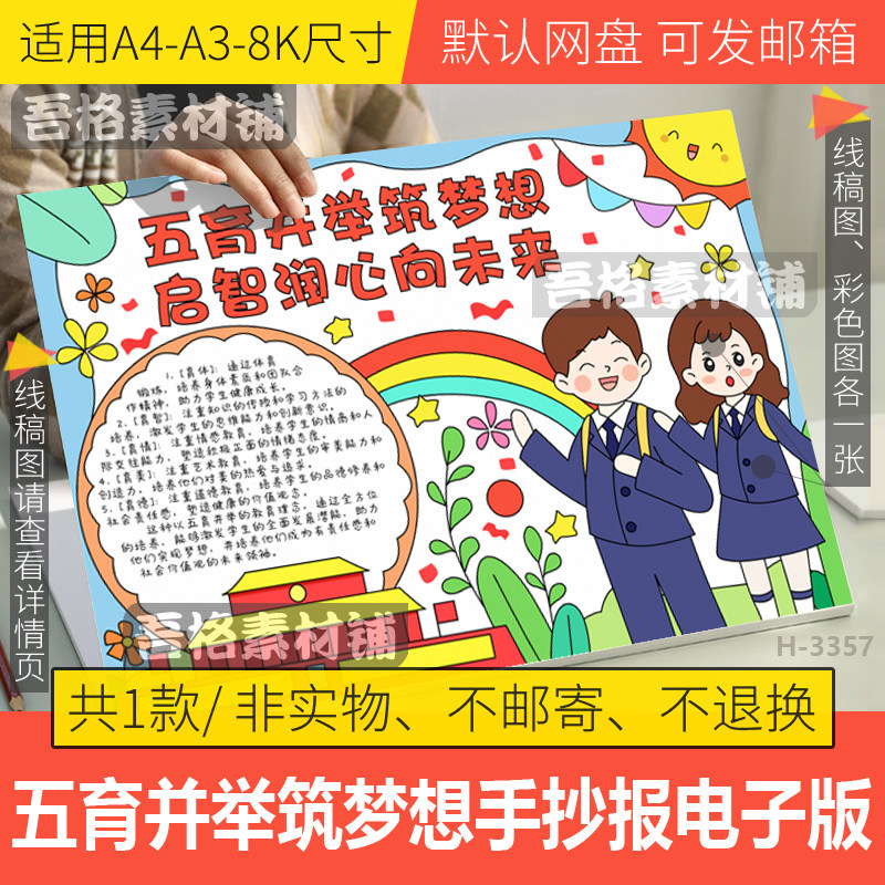 五育并举筑梦想启智润心向未来手抄报模板电子版手抄报黑白线描稿