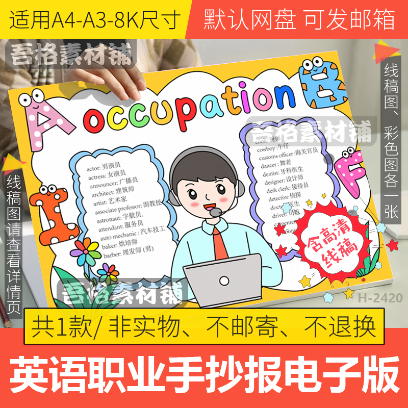 英语职业手抄报模板电子版三四年级学生工作手抄报黑白线稿a3a48k
