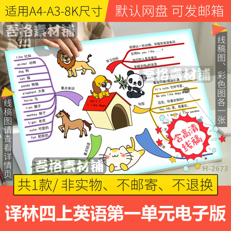 译林版英语四上第一单元我喜欢狗思维导图手抄报模板电子版线稿a4