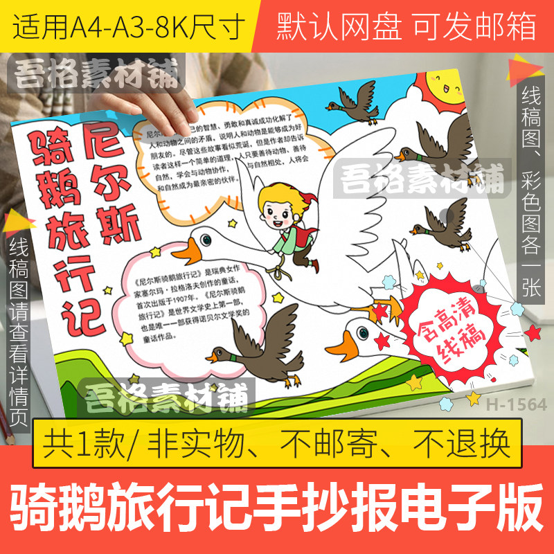 尼尔斯骑鹅旅行记手抄报模板电子版六年级课外必读书观后感线描稿