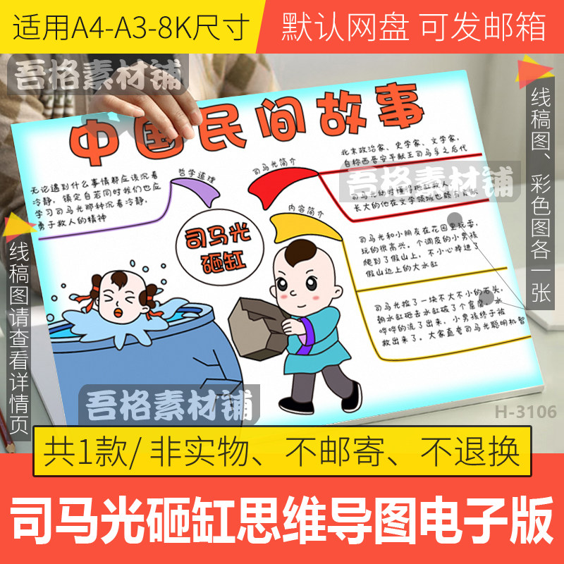 司马光砸缸思维导图模板电子版中国民间历史故事手抄报半成品线稿