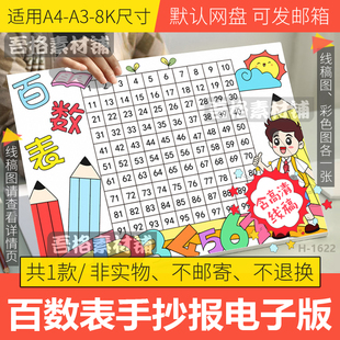 百数表手抄报模板电子版小学生一二年级数学手抄报线稿A3A48K