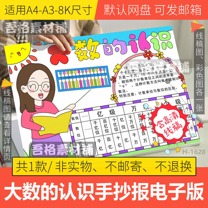 认识生活中的大数手抄报模板电子版小学生算盘数学手抄报线稿A48K