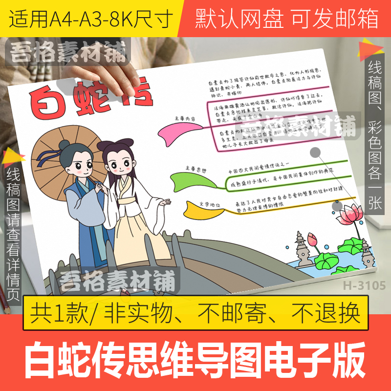 许仙白蛇传思维导图模板电子版中国民间故事手抄报半成品黑白线稿