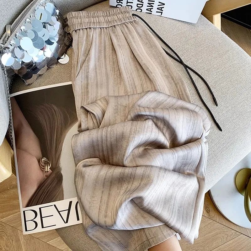 绸缎面醋酸冰丝阔腿裤女夏季薄款裤子高腰显瘦宽松垂感扎染凉凉裤