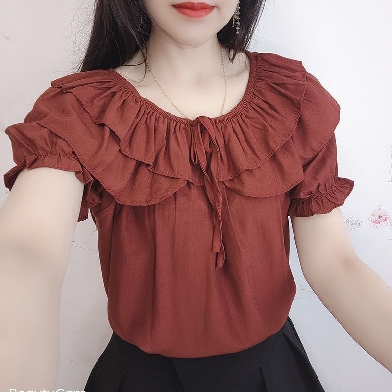 两穿法式一字肩碎花雪纺上衣女2024夏季新款设计感小众荷叶边衬衫