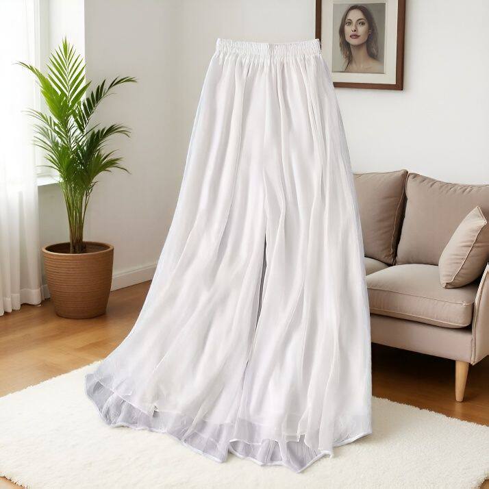 2026年夏季双层直筒显瘦女裤垂感雪纺高腰阔腿裤妈妈松紧腰九分裤